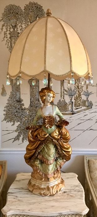 LARGE Figural Lamp Featuring Victorian Woman, Silk Shade & Prisms