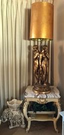 French Provincial Marble Top End Table, HUGE Three Graces Figural Lamp, Elephant Planter