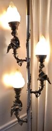 Vintage Tension Pole Lamp, Cherubs with Torch Glass Shades