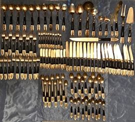 Large Set of Siam / Thai Brass & Wood Flatware with Service Pieces