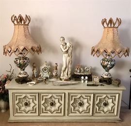 Vintage Low Hollywood Regency Cabinet Console, Large Capodimonte Lamp Paid, Statuary & More