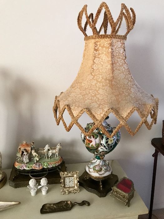 Vintage Capodimonte Lamp, Vintage Victorian Ceramic & Brass Figural Light, Piano Music Box & More