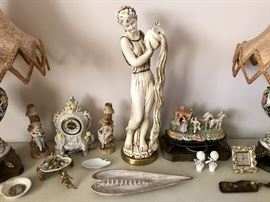 Vintage Stuary, German Cermic clock, Figural Candle Sticks & More