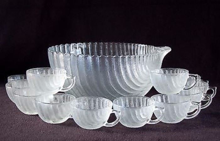 Just in time for the holidays  Vintage shell punch bowl set Pebbled glass sea shell 