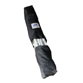 E-Z UP 10' x 10' Instant Shelter: An E-Z 10′ × 10′ instant shelter in a white tone. This easy to use recreational shelter features Dura-Lon® water resistant fabric, cross truss design, pull pin slider for E-Z Quick lock and release, adjustable height, metal brace feet with hole for stakes and E-Z glide truss washers. It also includes a roller storage bag and four Dura-Lon® sidewalls. This tent folds instantly into a 4′ × 2′ storage size.