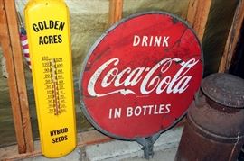 2 sided Coke Sign, Golden Acres Thermometer
