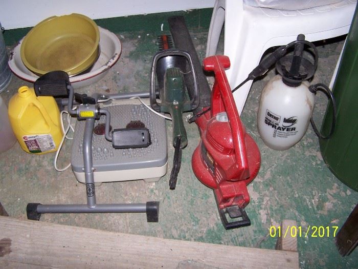 Sprayer, Leaf Blower, small Hedge Trimmer, foot exerciser & misc. in the Garage