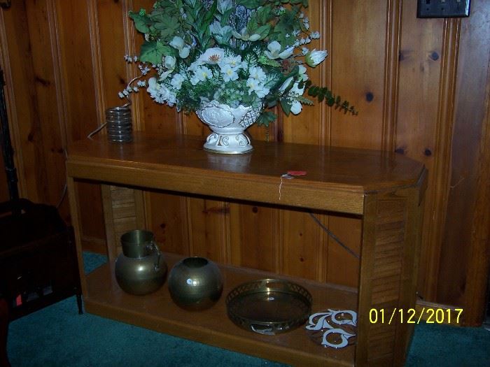 Sofa Table. brass Pots, Floral Vase