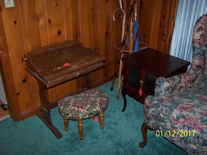 Child's Desk, Ottoman (matches Loveseat) Hall Tree, Canes, End Table