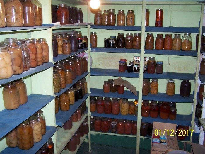 This is  2 of 3 walls of canned good items. Don't know how old or anything about them, we are simply selling the Jars (some good jars are included in the batch) We will have one price on this bargain, in Basement
