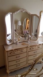 French Provencal bedroom set includes dresser with mirror...2 nightstands...lowboy chest and double bed