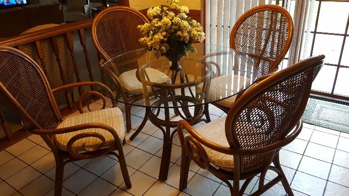48" Round Glass top Rattan Dining Table with 4 Chairs