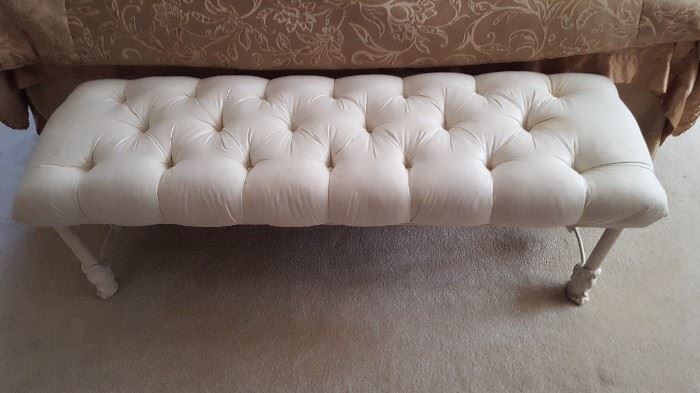 White Iron frame bench with tufted upholstery