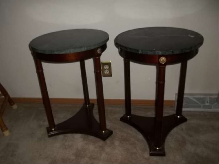two matching cherry with green marble topped end tables $30 each