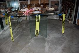 42" WIDE BY 72" GLASS TABLE AND PEDESTALS