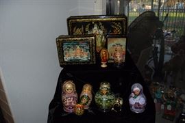 Collection of Fabulous Russian lacquer papier mache boxes, stacking dolls, nesting dolls etc. -- bought in Russia in the 20th century - most are signed and incredible - original cost was thousands of $$$s