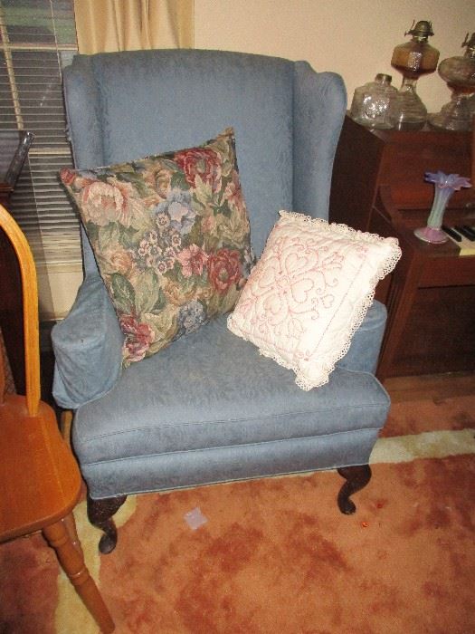 Two Williamsburg Blue wing chairs