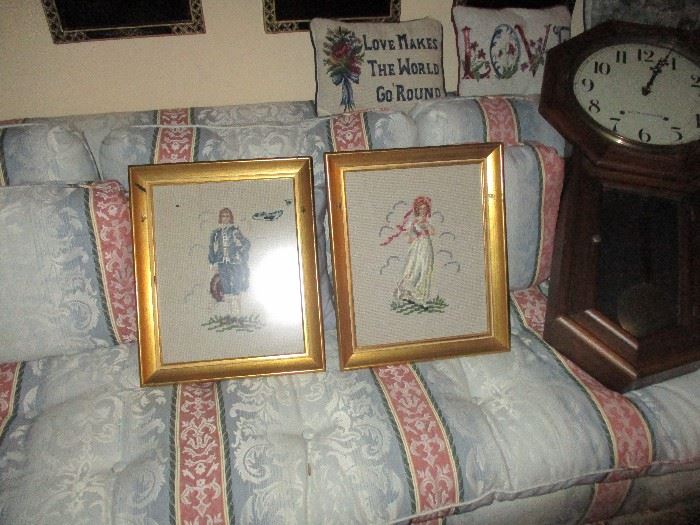 Needlepoint of Blue Boy and Pink Lady.  The clock has sold.