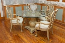 54" diameter Beveled Glass Top Pedestal Dining Table and 4 Cream Color Carved wood Chairs  750.00