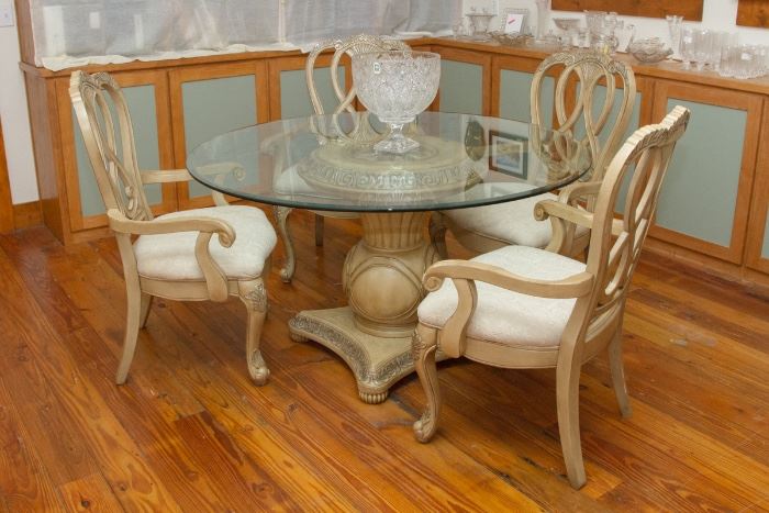 54" diameter Beveled Glass Top Pedestal Dining Table and 4 Cream Color Carved wood Chairs  750.00
