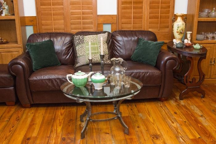 Dark Chocolate Leather Sofa  86"L x 38"T  Seat Height:  18"  So comfy!  375.00   SOFA HAS SOLD.  OTHER ITEMS IN PHOTOGRAPH STILL AVAILABLE