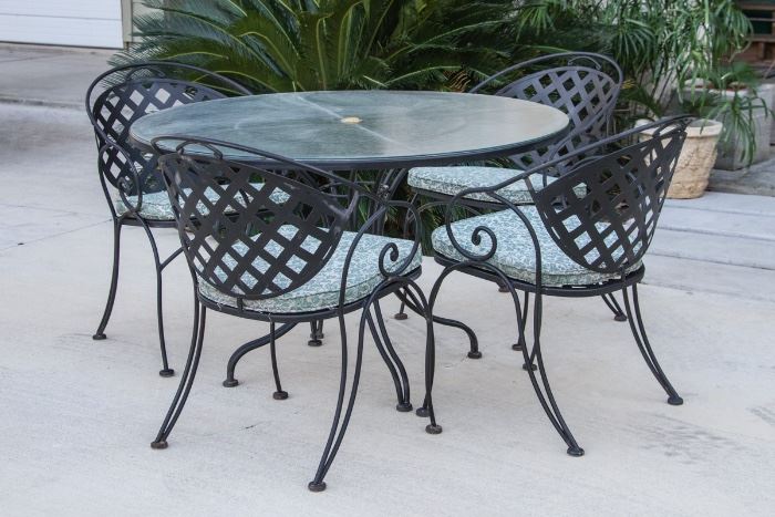 Lovely Iron Patio Set.  Large Iron Table w/Glass Top, 4 Iron Chairs w/Cushions In Excellent Condition:  225.00