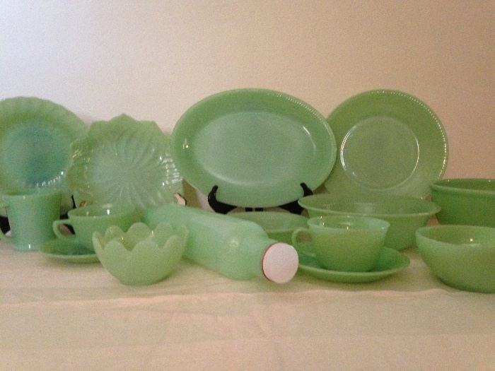 Jadeite Platters, Bowls, Plates, Mugs, Cups and Saucers, Rolling Pin and more.  Priced From 4.50-39.00