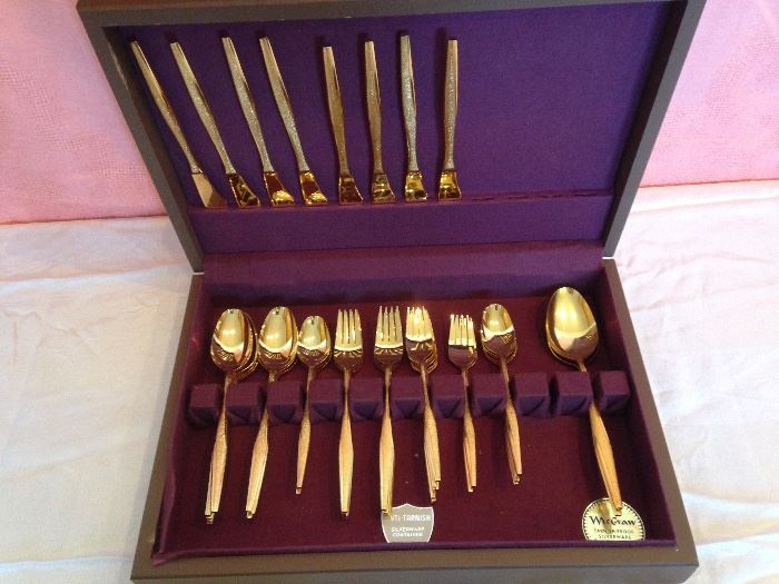 Florentine Gold Texture MCM Flatware Set.  64pc. and McGraw Tarnish Proof Silverware Chest.  120.00