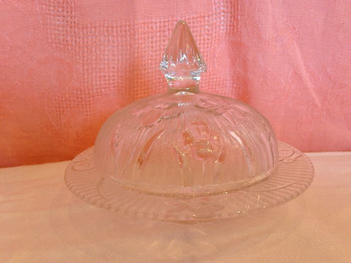 Vintage Clear Glass Iris Pattern Round Butter Dish:  12.00