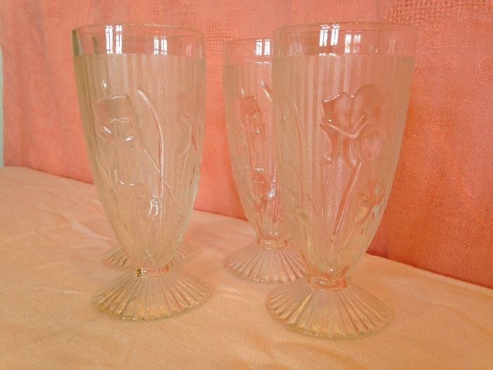 Vintage Clear Glass Iris Pattern Footed Tumblers.  2 Sets Of 4 Available @ 22.50 ea.