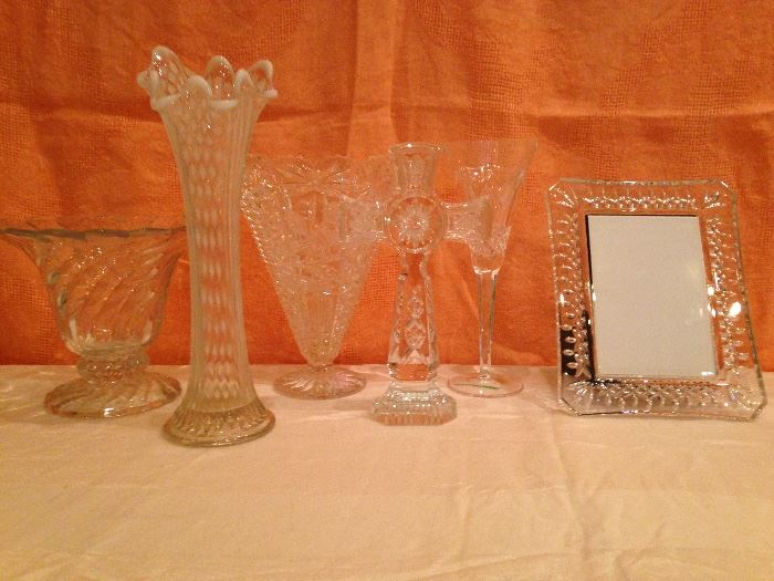 Oval Cut Glass vase, Crystal Cross, Waterford Crystal Frame and Champaign, Fostoria Jamestown Flared Vase, Antique Handmade Fluted Glass Vase:  39.00ea.