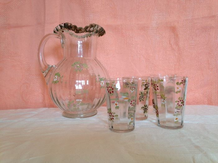 Victorian Blown Glass Lemonade Pitcher Hand painted and 4 Tumblers:  60.00