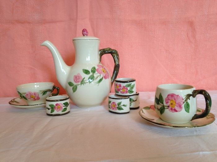 Vintage Desert Rose Franciscan China:  Coffee Pot:  24.00  Cups and Saucers:  4.50  Napkin Rings (4 in box):  27.00 