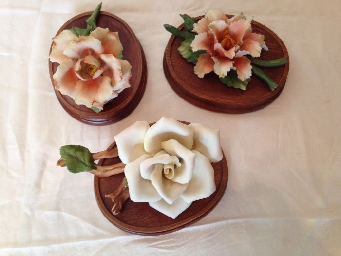 Porcelain Roses w/Wood Base:  19.50 ea.
