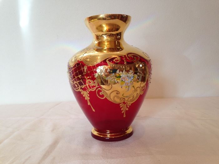 European Red and Gilt Glass Vase:  33.00