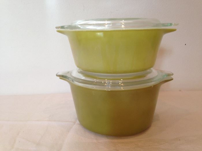 Avocado Green Pyrex Covered Baking Dishes.  2 available.  6.00 ea.