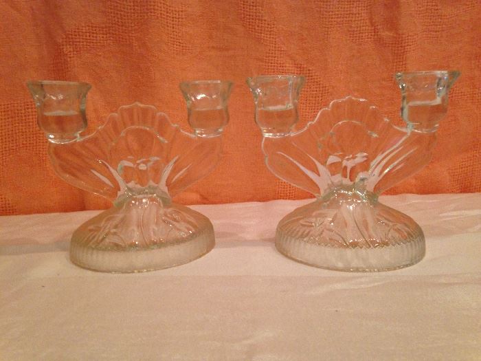 Vintage Clear Glass Iris Pattern Candle Sticks:  24.00 pr.