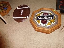 steling beer sign, bud light football tray