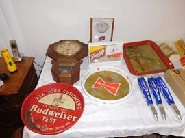 budweiser test tray, ab levee sceen tray, coke clock, schlitz clock both work, bud light tap knobs