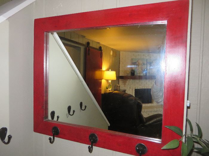 Framed Mirror with hooks
Great for foyer or mud room 