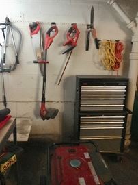 2 husky tool boxes
Black & Decker edger, trimmer
Various saws
Branch cutters
Heavy duty extension chords