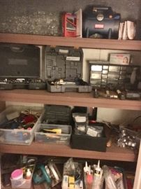 Various hand tools, painter supplies, hardware and new cabinet knobs & handles
