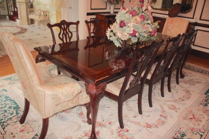 Banded Dining Room Table & 10 Chairs - in Great Condition with Handmade Safavieh Rug