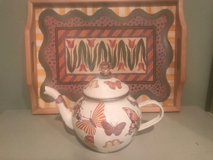 Mackenzie-Childs enamelware teapot and tray