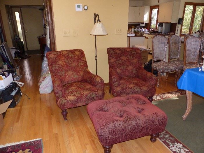 Pair of floral club chairs and ottoman