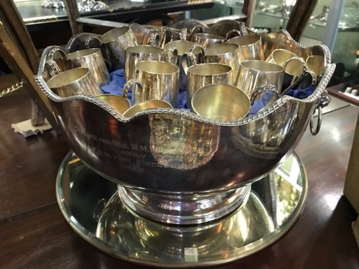 Silver plated punch bowl and cups