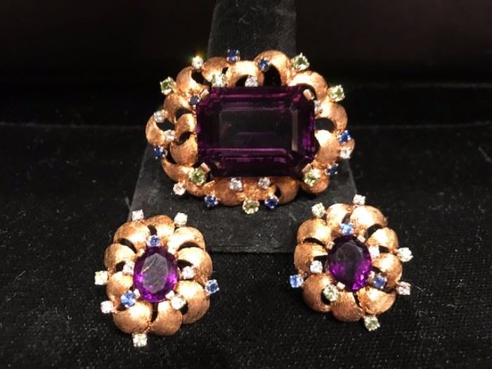 Vintage amethyst, sapphire, gold brooch and earrings set