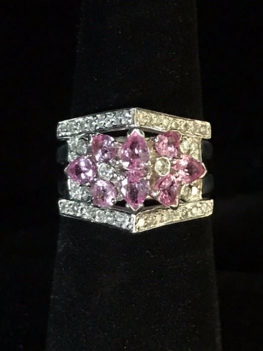 Pink sapphires and  diamonds in white gold. Size 6 Reg. $1020. Sale $695.