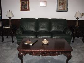 Thomasville Green leather sofa, Haverty's coffee table and matching end tables.
