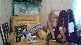 Toy train, rain stick, violin, more